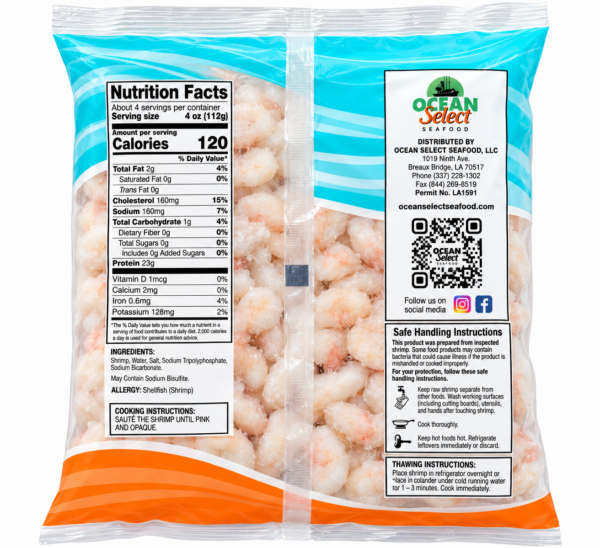 150-250 pud back A 1 lb clear plastic bag of LA Select IQF Peeled Gulf Shrimp (150-250 count) with nutrition and company info.