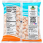 A 1 lb clear plastic bag of LA Select IQF Peeled Gulf Shrimp (150-250 count) with nutrition and company info.