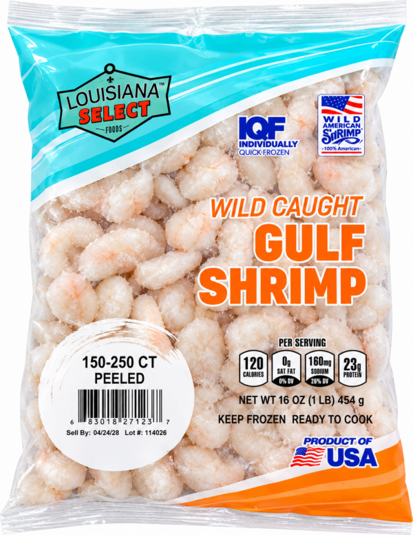 A 1 lb clear plastic bag of frozen LA Select Peeled Gulf Shrimp, 150-250 count IQF.
