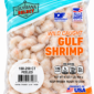 A 1 lb clear plastic bag of frozen LA Select Peeled Gulf Shrimp, 150-250 count IQF.