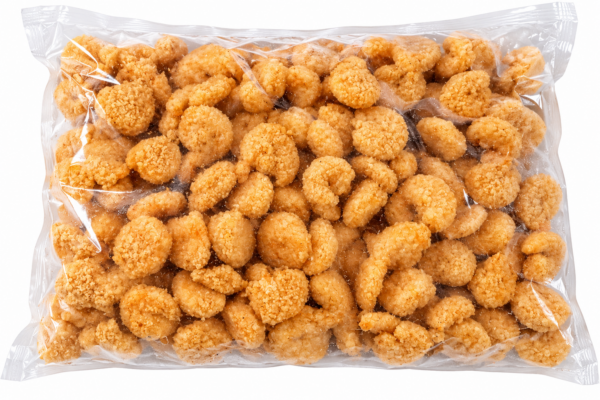 A clear plastic bag of 5lb frozen Gulf shrimp, peeled and breaded, 41-50 count.
