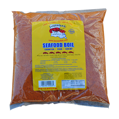 A 4 lb clear bag of LA Crawfish Co. Extra Spicy Seafood Boil, featuring a yellow label with a crawfish illustration.