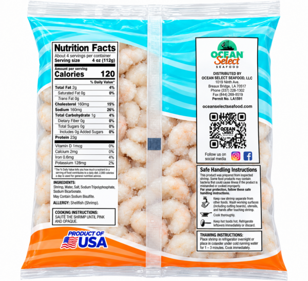 51-60 pud back A 1 lb bag of LA Select Peeled Gulf Shrimp (51-60 count, IQF) showing nutrition facts, cooking instructions, and a QR code.