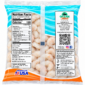 A 1 lb bag of LA Select Peeled Gulf Shrimp (51-60 count, IQF) showing nutrition facts, cooking instructions, and a QR code.