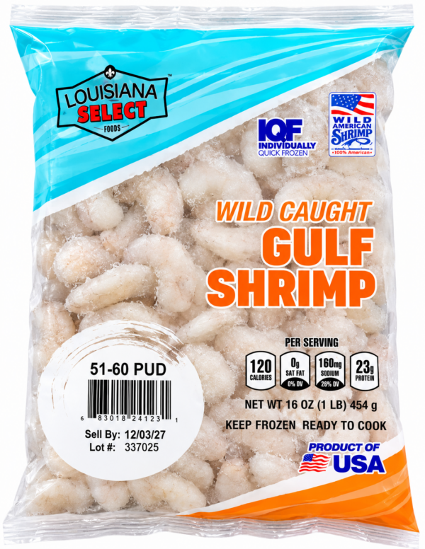 A 1 lb bag of frozen LA Select Peeled Gulf Shrimp, 51-60 count, IQF, peeled and deveined.