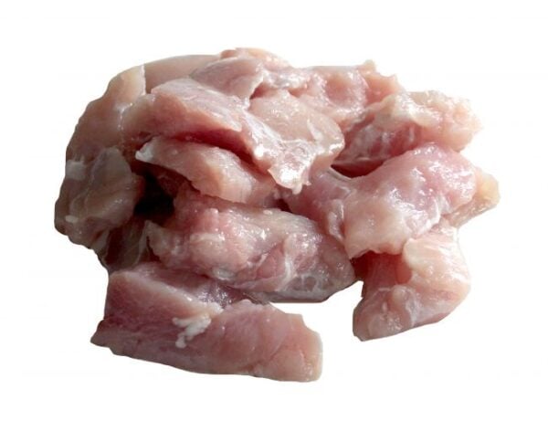 Alligator Meat 5 lb bag A 5 lb bag of bite-sized, raw, pale pink alligator meat.