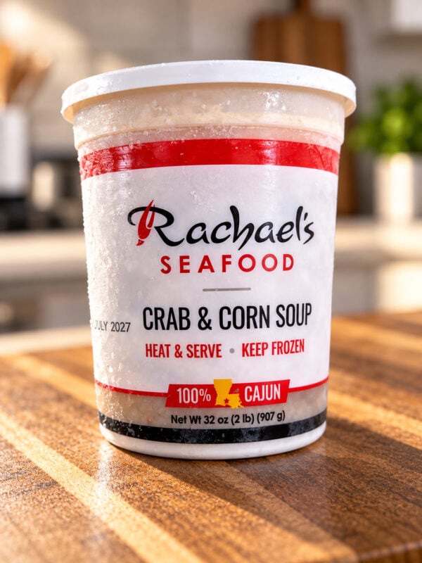 Crab&CornSoup2 A container of frozen Rachael’s Crawfish Etouffee resting on a wooden surface.