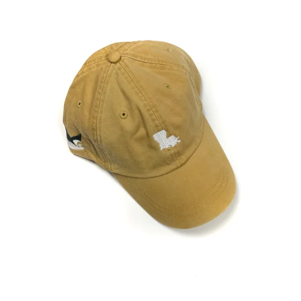 Mustard Louisiana State hat featuring a white embroidered state map.