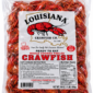 A clear bag of boiled IQF field run crawfish, complete with a nutrition facts and preparation label.