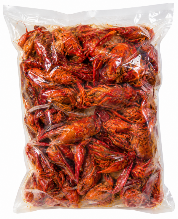 LA crawfish co whole boiled crawfish back A clear plastic bag of boiled IQF field run crawfish, sold by the pound.