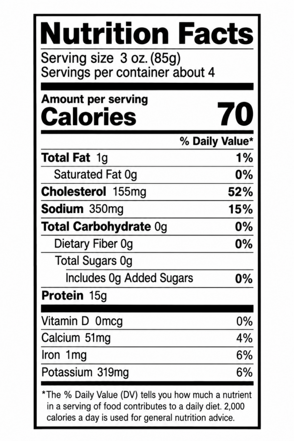 LA crawfish co whole boiled crawfish nutrition Nutrition Facts label for Boiled IQF Field Run Crawfish, showing 70 calories per serving and key nutritional values.