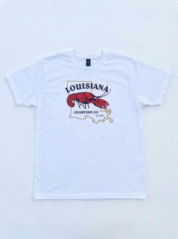 White LA Crawfish Co. T-shirt featuring a red crawfish over a Louisiana state outline with “Louisiana” text.