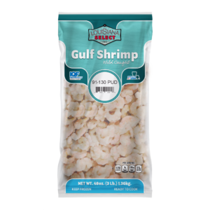 LA Select wild-caught peeled Gulf shrimp, 91-130 count per pound, IQF and ready to cook.