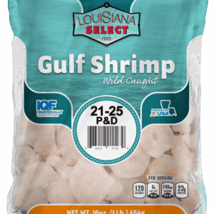 LA Select Gulf Shrimp, peeled and deveined, 21-25 count per lb, IQF. Keep frozen for freshness.