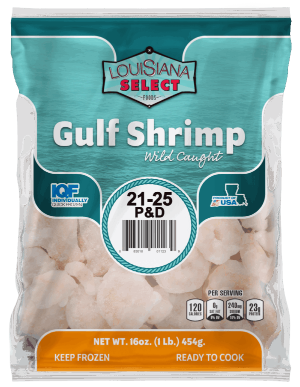 LA Select Gulf Shrimp, peeled and deveined, 21-25 count per lb, IQF. Keep frozen for freshness.