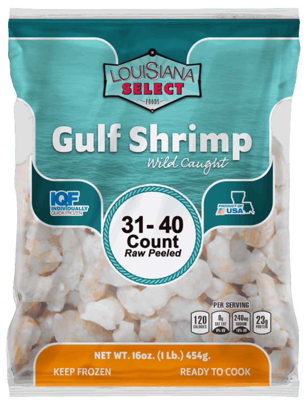 LA Select wild-caught peeled Gulf shrimp, 31-40 count per lb, raw and IQF. Keep frozen until ready to cook.