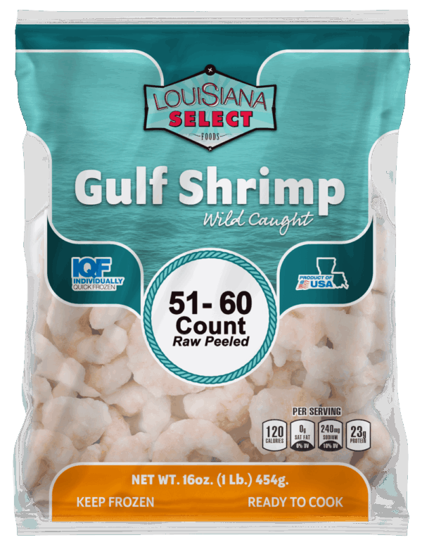 LA Select wild caught peeled Gulf shrimp, 51-60 count per pound, IQF, keep frozen and ready to cook.