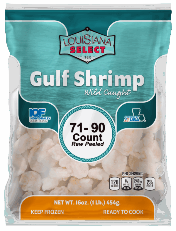 LA Select peeled wild-caught Gulf shrimp, 71-90 count per pound, raw and frozen—ready to cook your favorite recipes.