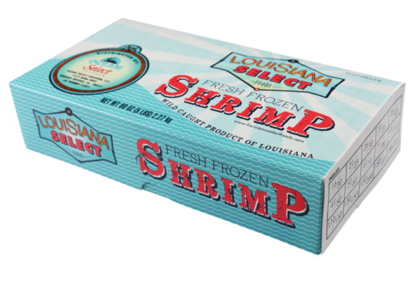 A 5 lb box labeled “Gulf Shrimp Peeled & Deveined 16-20 count” is displayed on the front.