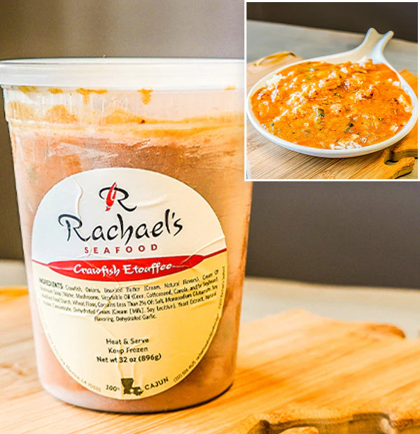 Rachael's Crawfish Etouffee A container of Rachael’s Crawfish Etouffee next to an inset photo of the recipe in a white bowl.