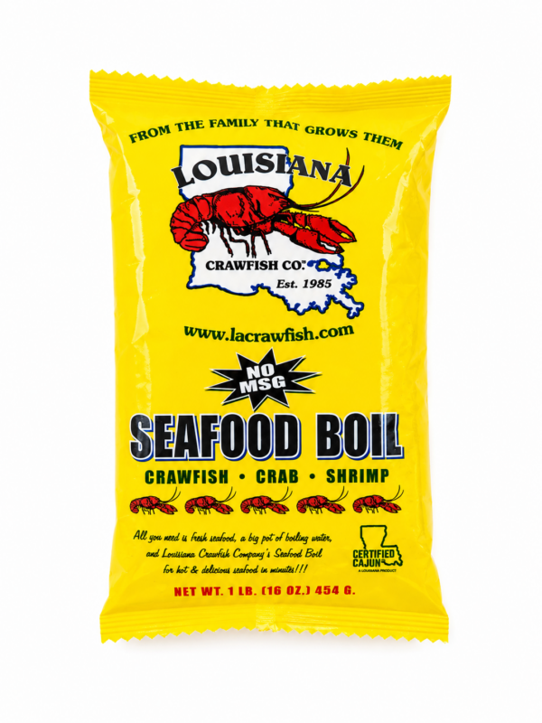 Yellow LA Crawfish Co. 1 lb seafood boil seasoning bag with a crawfish illustration and a no MSG label.