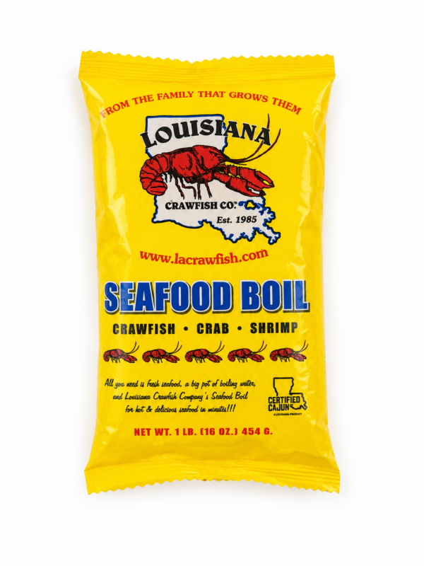 A yellow case pack of 25 LA Crawfish Co. seafood boil packets, featuring a crawfish illustration and boiling instructions.