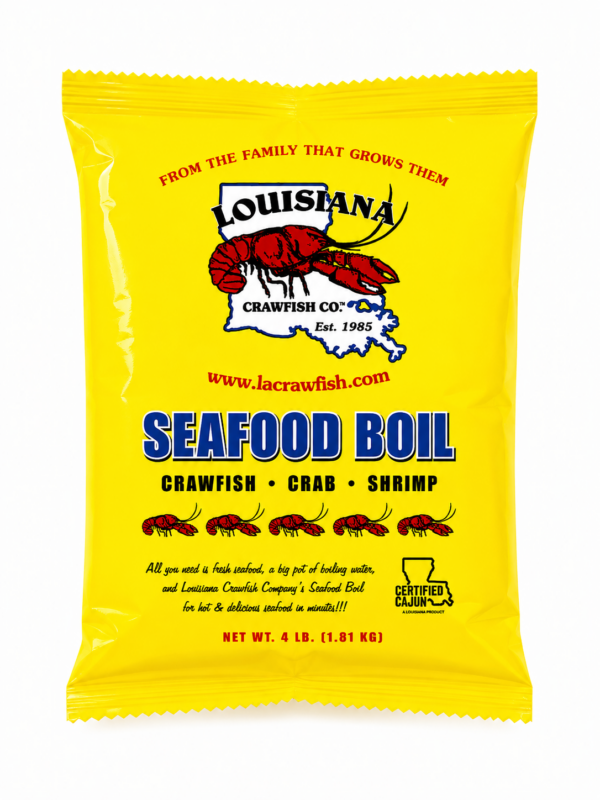 A yellow 4 lb bag of LA Crawfish Co. Original Seafood Boil seasoning, featuring a crawfish graphic, crab, and shrimp.