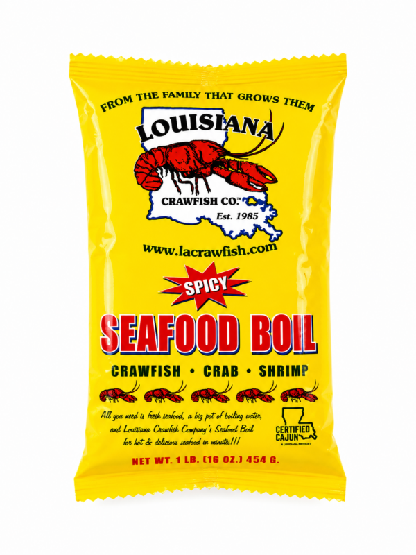 Bright yellow bag of LA Crawfish Co. 1 lb Extra Spicy Seafood Boil with a crawfish illustration and Louisiana map.