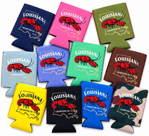 Ten colorful foam LA Crawfish Co. koozies, each featuring a red crawfish logo.