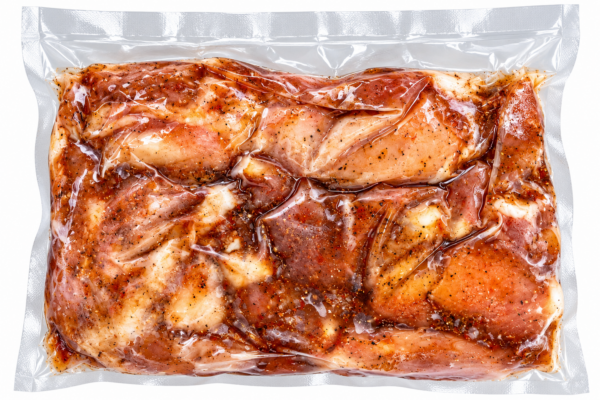 alligator legs 2 lb marinated back Two pounds of seasoned, marinated bone-in alligator legs, vacuum-sealed in a plastic bag.