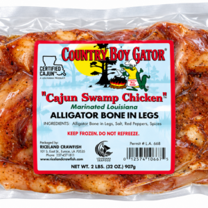A vacuum-sealed package of two pounds of bone-in, marinated alligator legs with a product label.