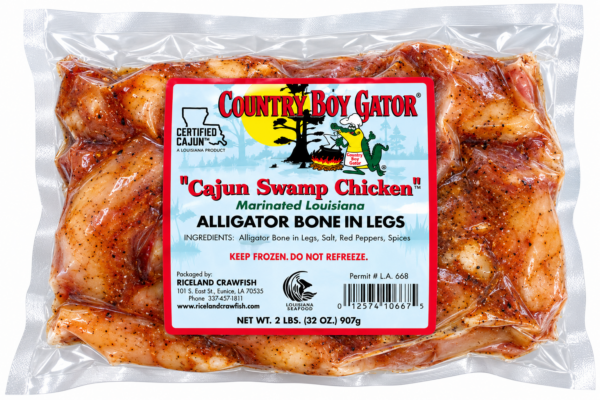 A vacuum-sealed package of two pounds of bone-in, marinated alligator legs with a product label.
