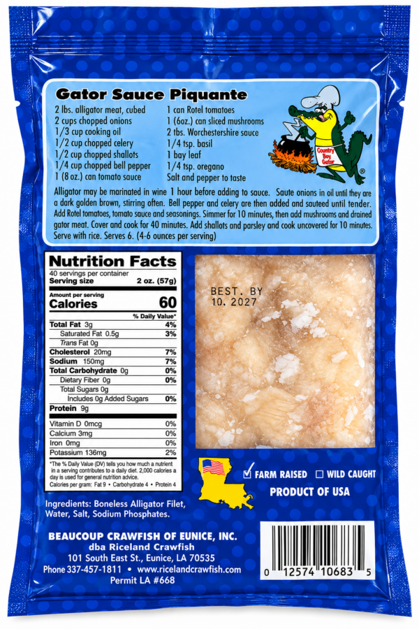 alligator meat 1 lb back Back of a 1 lb alligator meat package showing a recipe, nutrition label, and a window displaying the frozen product.