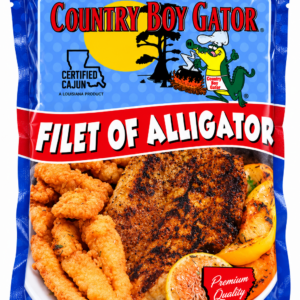A 1 lb package of alligator meat, featuring an image of fried pieces and a seasoned fillet on a plate.