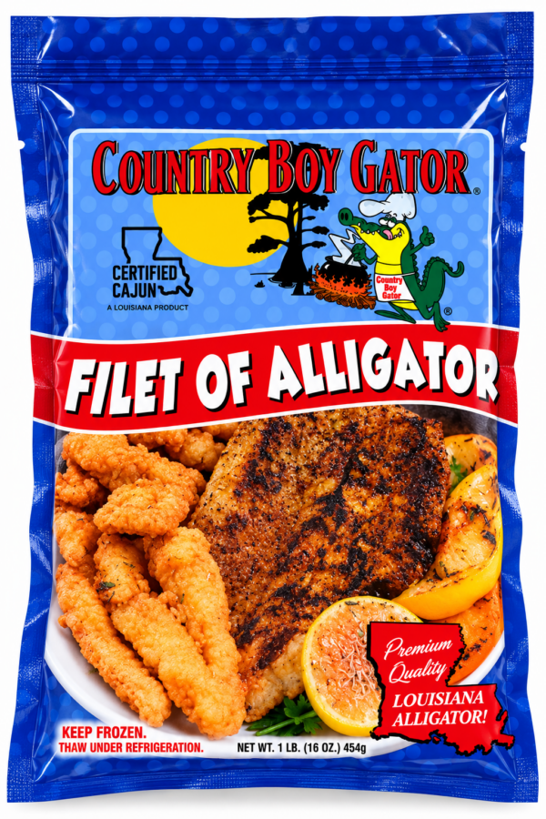 A 1 lb package of alligator meat, featuring an image of fried pieces and a seasoned fillet on a plate.
