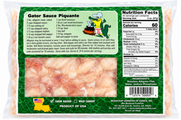 alligator meat 5 lb back A 5 lb clear plastic bag of alligator meat, labeled with nutrition facts and a recipe.