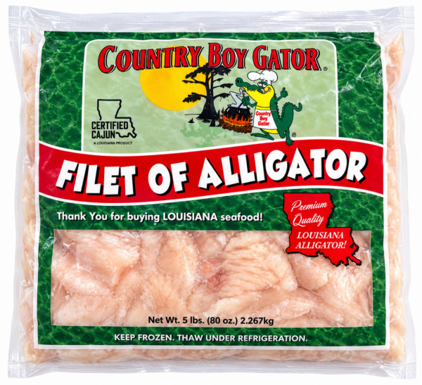 A five-pound vacuum-sealed bag of raw alligator meat.
