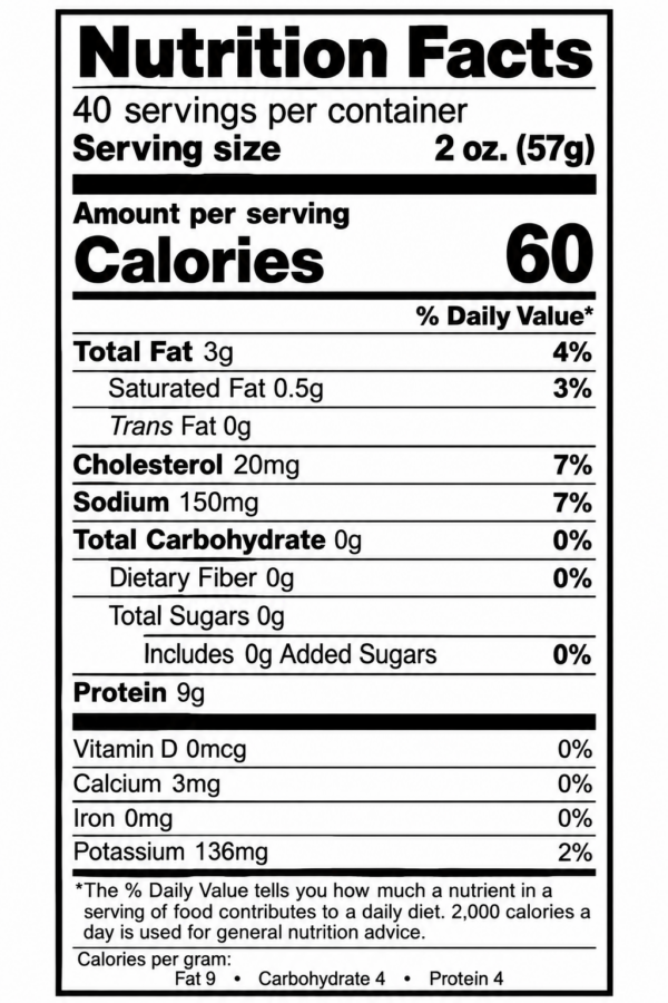 alligator meat 5 lb nutrition Nutrition facts for a 5 lb bag of alligator meat, listing 60 calories and 9g of protein per 2-ounce serving.