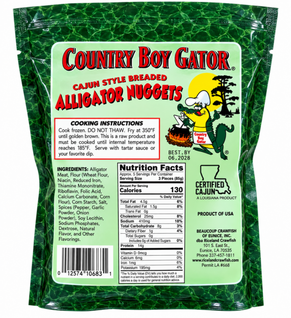 alligator nuggets 1 lb back A 1 lb bag of Alligator Nuggets featuring cooking instructions, nutrition facts, and a cartoon alligator chef.