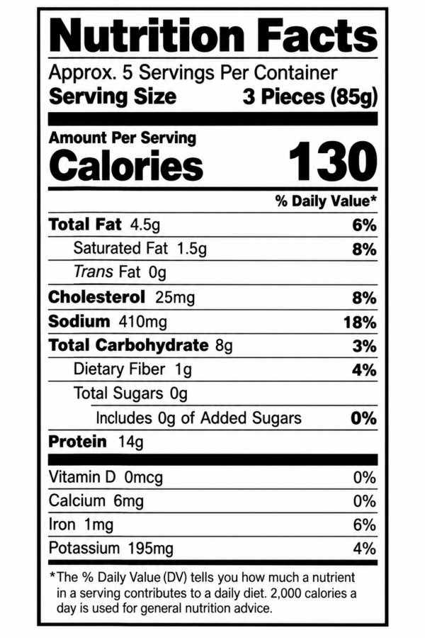 alligator nuggets 1 lb nutrition Nutrition Facts for 1 lb Alligator Nuggets: 130 calories, 4.5g fat, and 14g protein per serving.