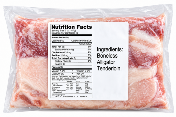 alligator tenderloin 2 lb back A 2 lb vacuum-sealed package of alligator tenderloin featuring a nutrition facts label.