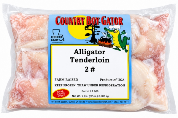 A 2 lb vacuum-sealed package of alligator tenderloin featuring a cartoon alligator on the product label.