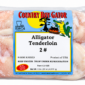 A 2 lb vacuum-sealed package of alligator tenderloin featuring a cartoon alligator on the product label.