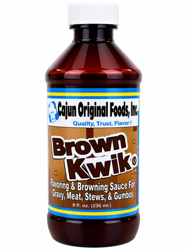 An 8-ounce bottle of Cajun Original Foods Brown Kwik sauce for gravies, meats, stews, and gumbos.