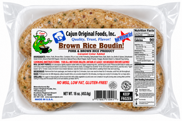 Two links of Cajun Original Foods Brown Rice Pork Boudin in a plastic package with a nutritional and instruction label.