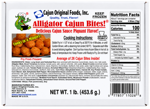Cajun Original Foods Alligator Boudin Bites box, showing nutrition facts, cooking instructions, and ingredients.