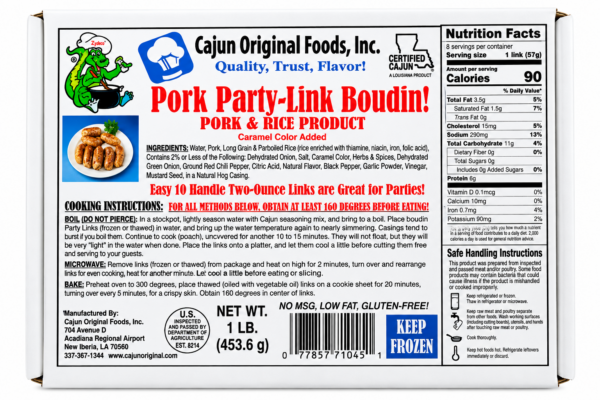 A box of Cajun Original Foods Pork Boudin Party Links featuring nutrition facts, cooking instructions, and ingredients.