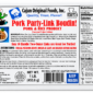 A box of Cajun Original Foods Pork Boudin Party Links featuring nutrition facts, cooking instructions, and ingredients.