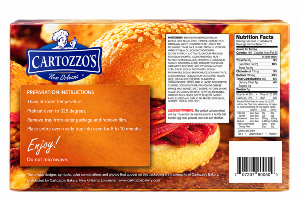 cartozzos cocktail muffalettas front A 15-count box of Cartozzo’s Cocktail Muffalettas displaying preparation steps, ingredients, and nutrition facts.