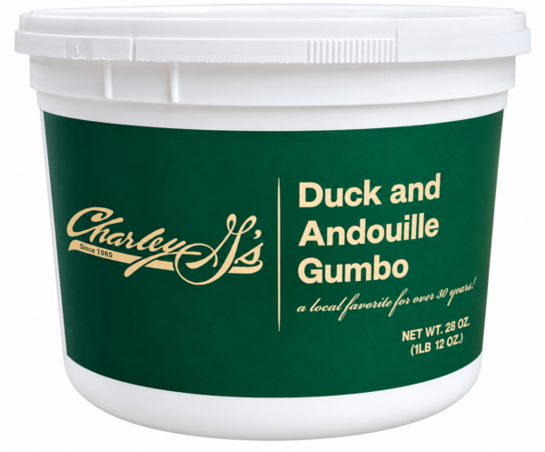 charley g's duck andouille gumbo front A 28-ounce white plastic container featuring a green label for Charley G’s Duck and Andouille Gumbo.